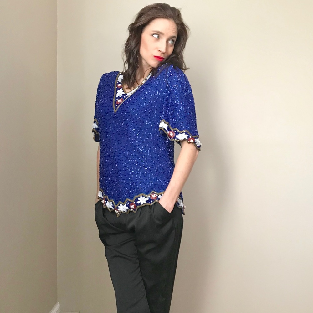 Vintage Beaded Sequin Silk Blouse Top-Party Outfit